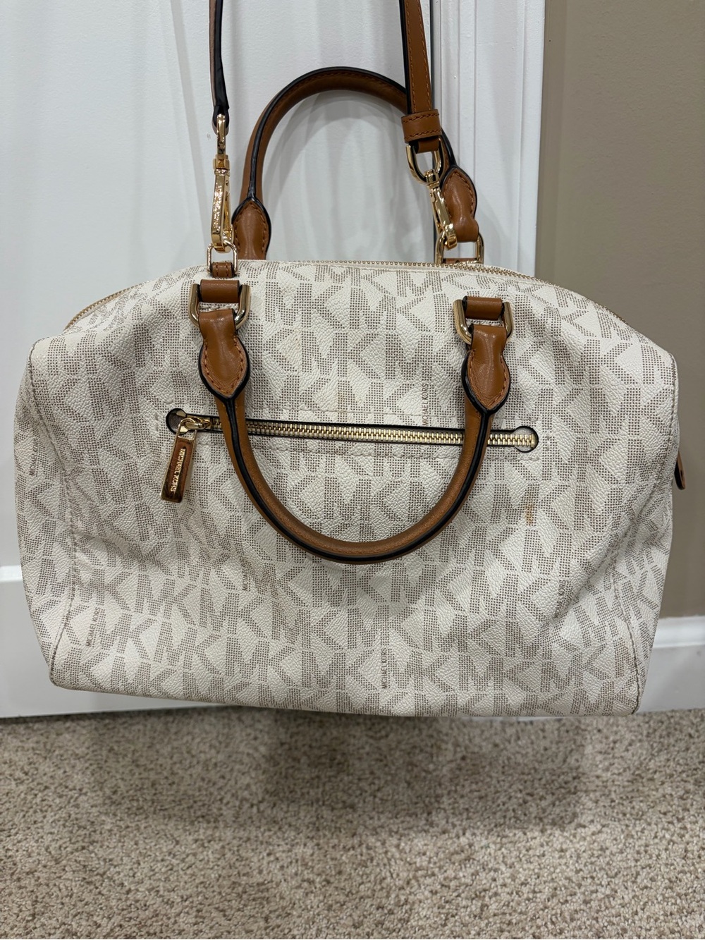Michael Kors Vanilla Logo Satchel with Acorn Brown Trim - Picture 4 of 10